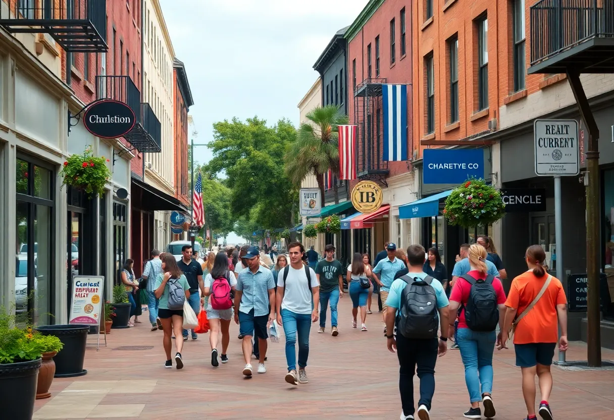 Teenagers in downtown Charleston with local businesses around them