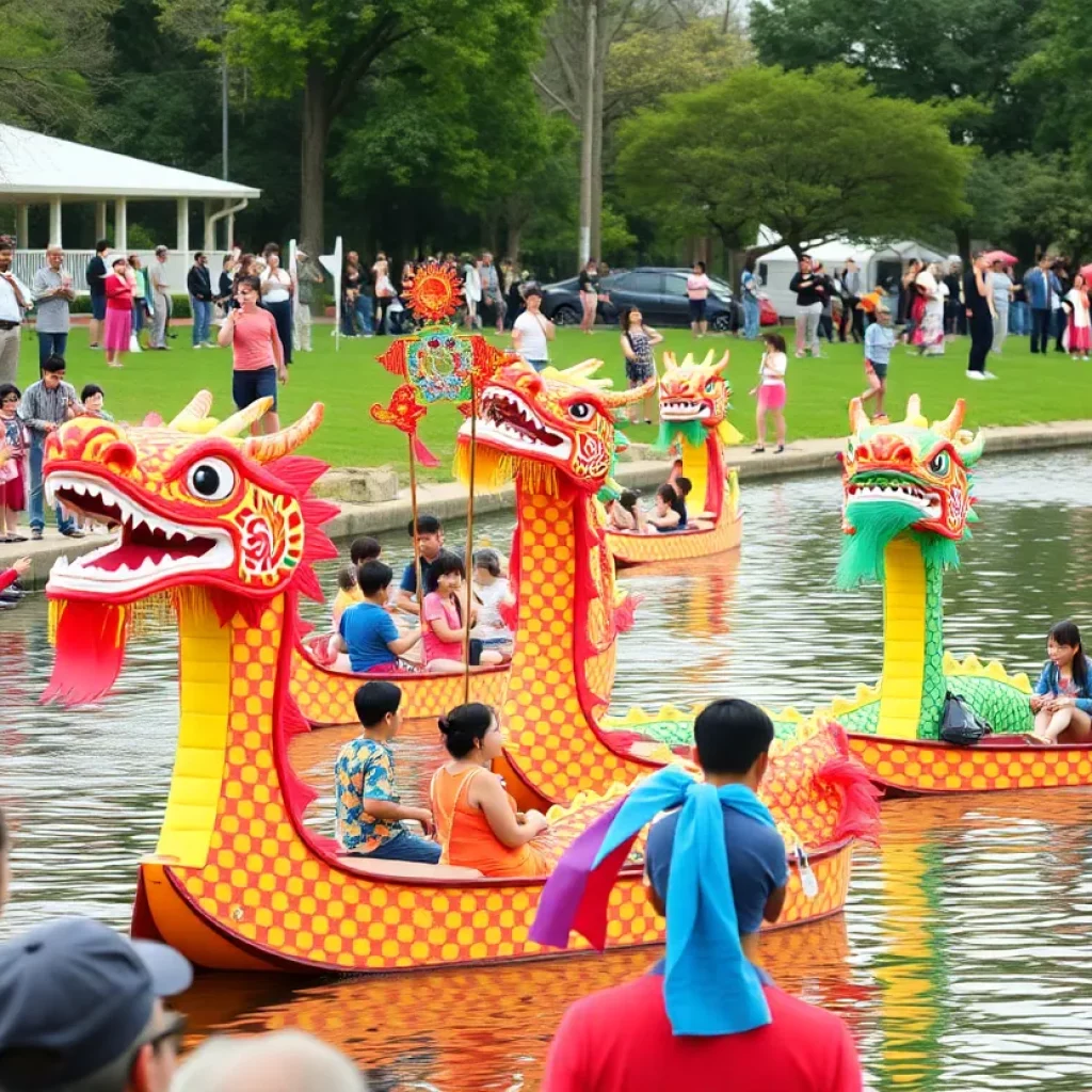 Dragon boat festival with participants in colorful costumes and boats on the water
