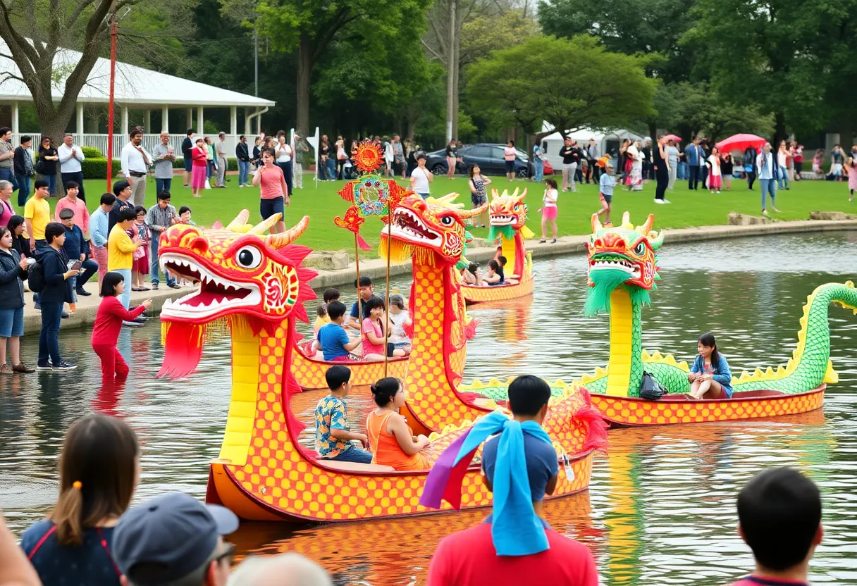 Dragon boat festival with participants in colorful costumes and boats on the water