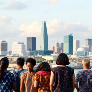 Depiction of Charleston's skyline representing financial struggles of families