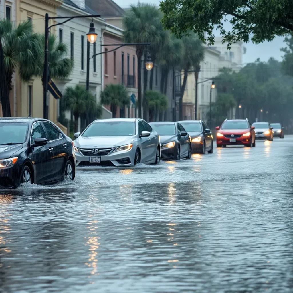 A view of a flooded street in Charleston, South Carolina, amidst heavy rainfall.