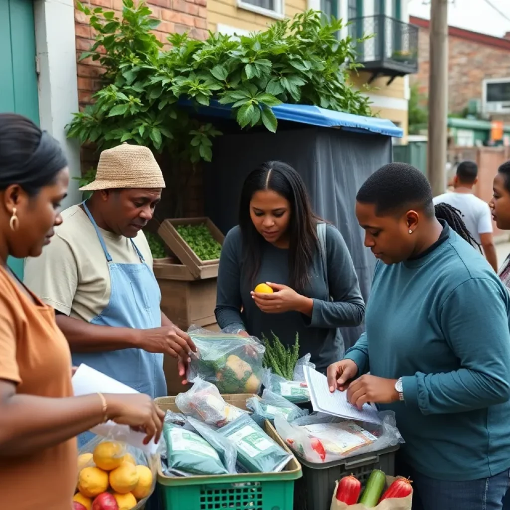 Families and volunteers working together at a food bank in Charleston