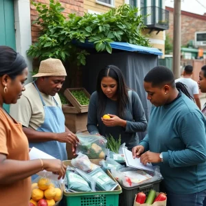 Families and volunteers working together at a food bank in Charleston
