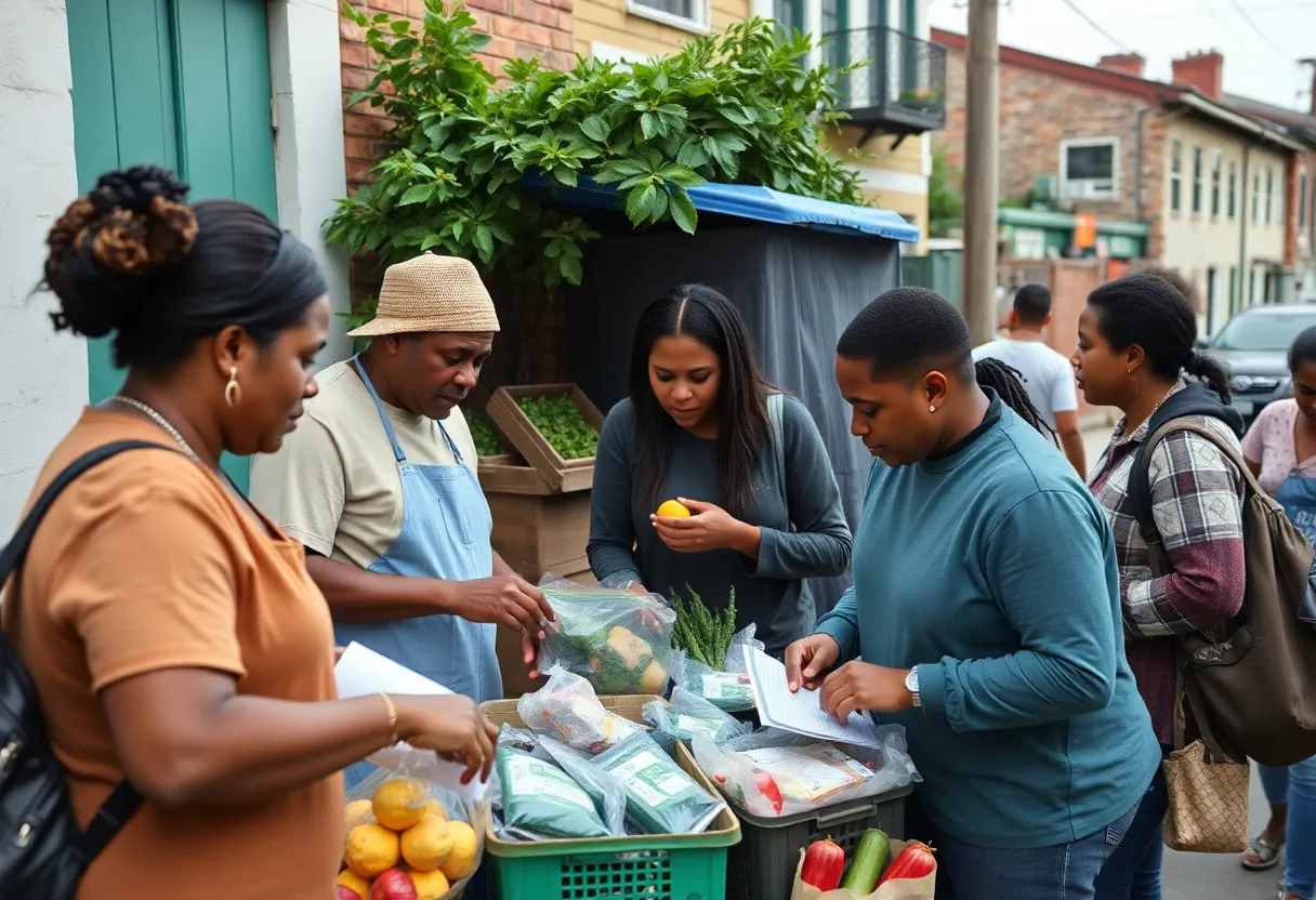Families and volunteers working together at a food bank in Charleston