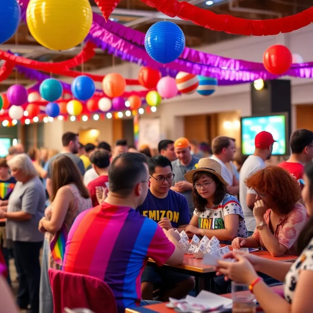 Participants enjoying the Charleston Gay Bingo fundraiser with colorful Pride decorations.