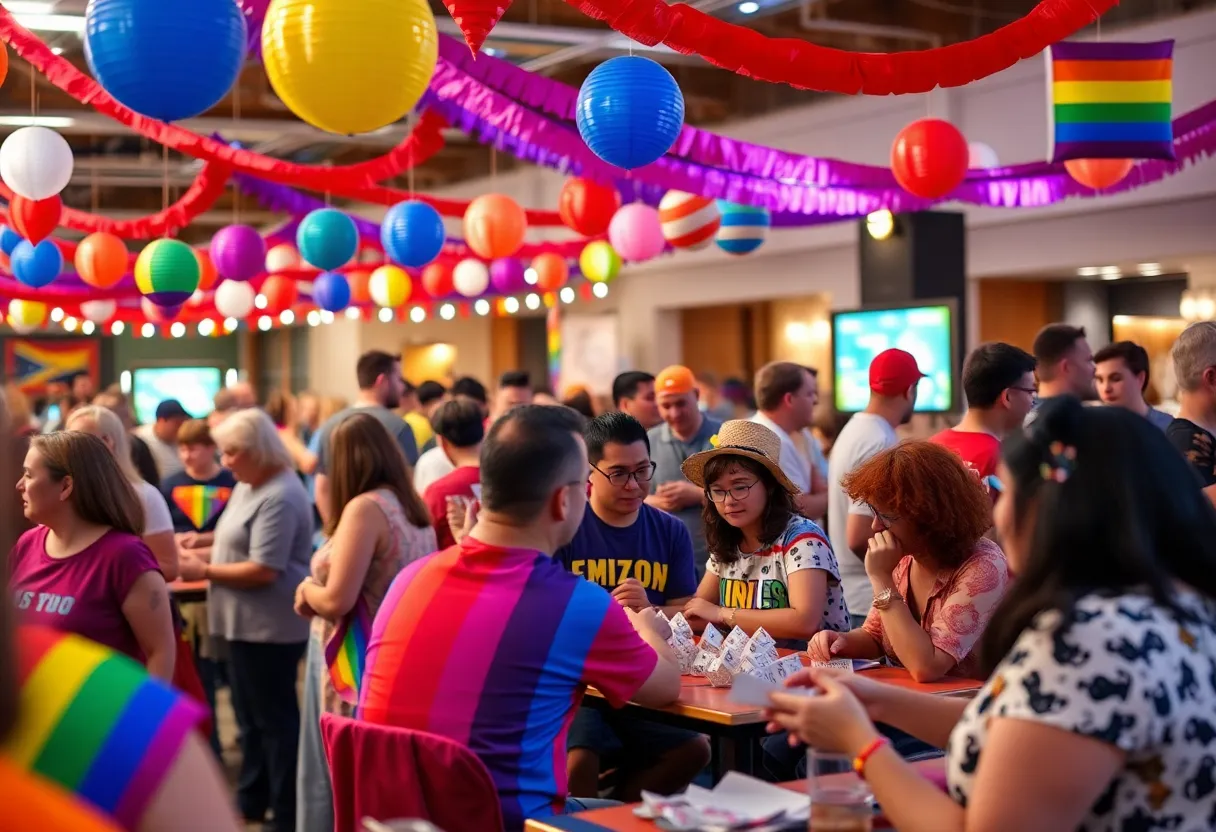 Participants enjoying the Charleston Gay Bingo fundraiser with colorful Pride decorations.