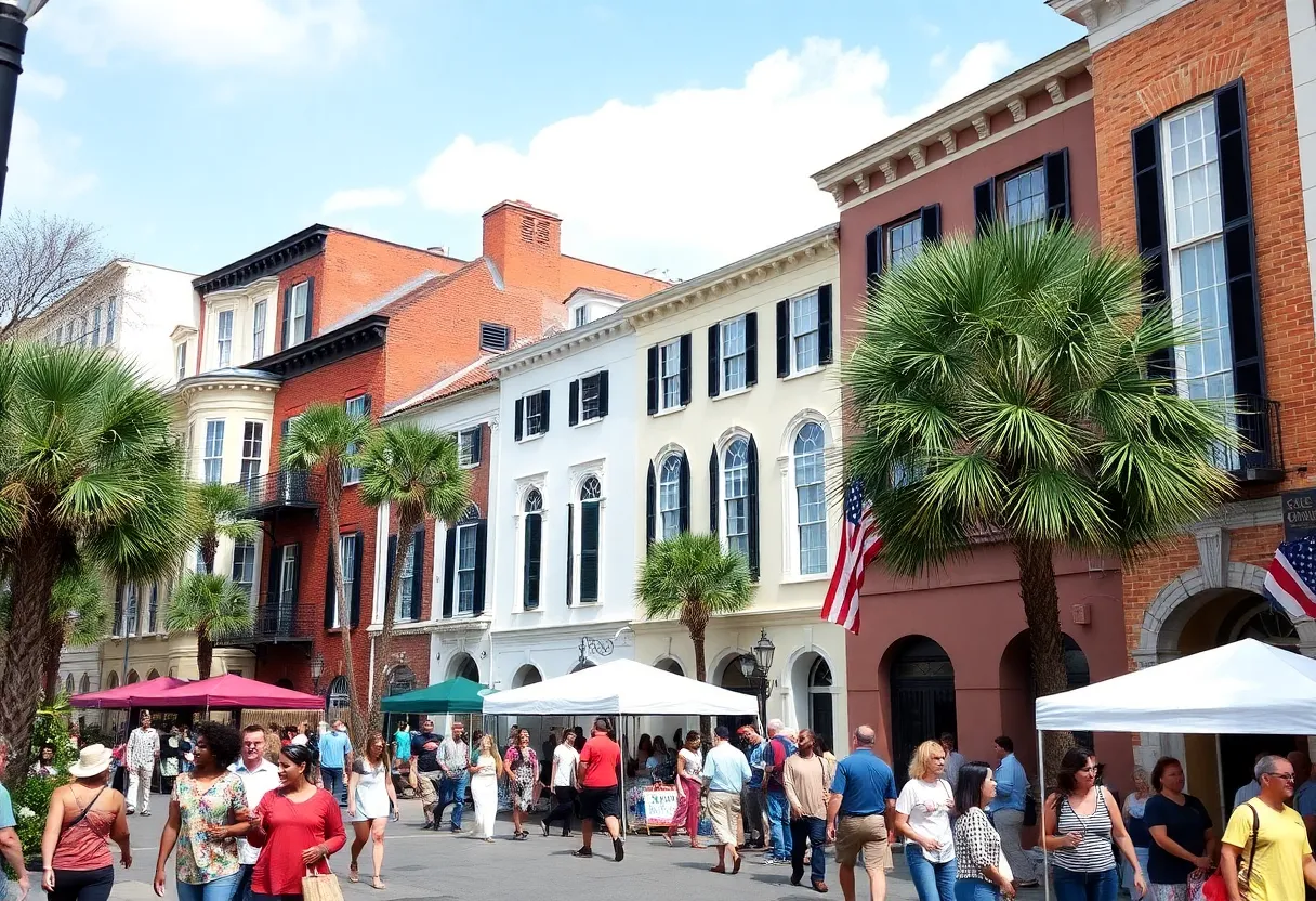 A gathering celebrating historic preservation in Charleston with beautiful old architecture in the background.