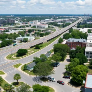 A view of Charleston showcasing infrastructure with community members discussing transportation projects.