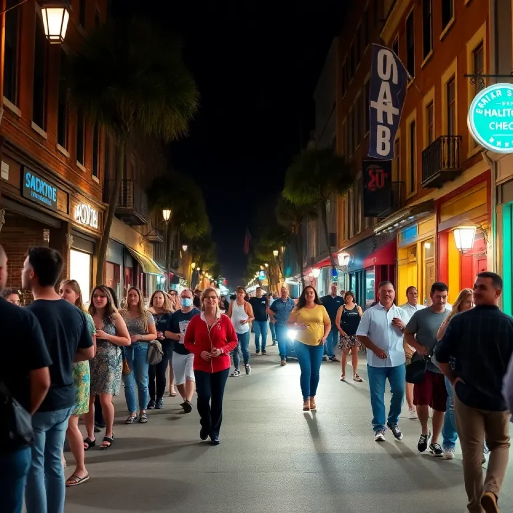 Night view of King Street in Charleston with various activities and people enjoying the atmosphere.