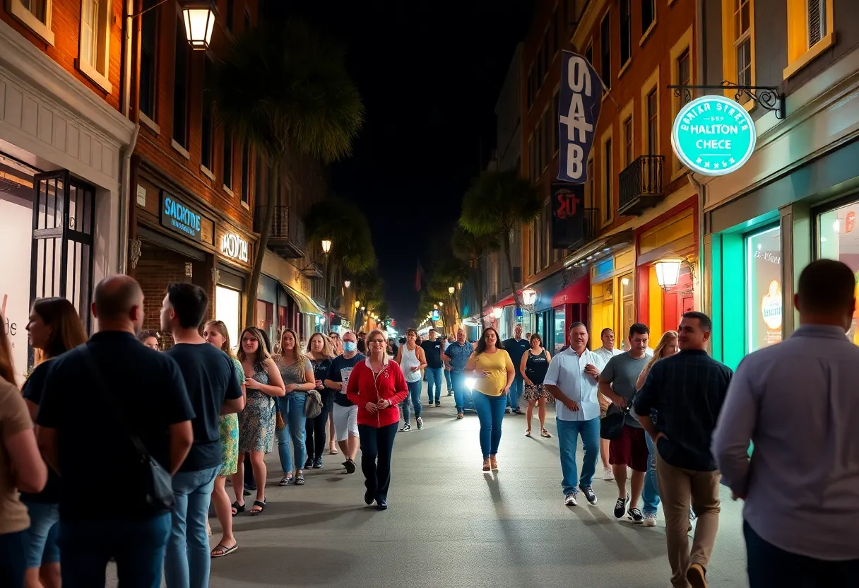 Night view of King Street in Charleston with various activities and people enjoying the atmosphere.