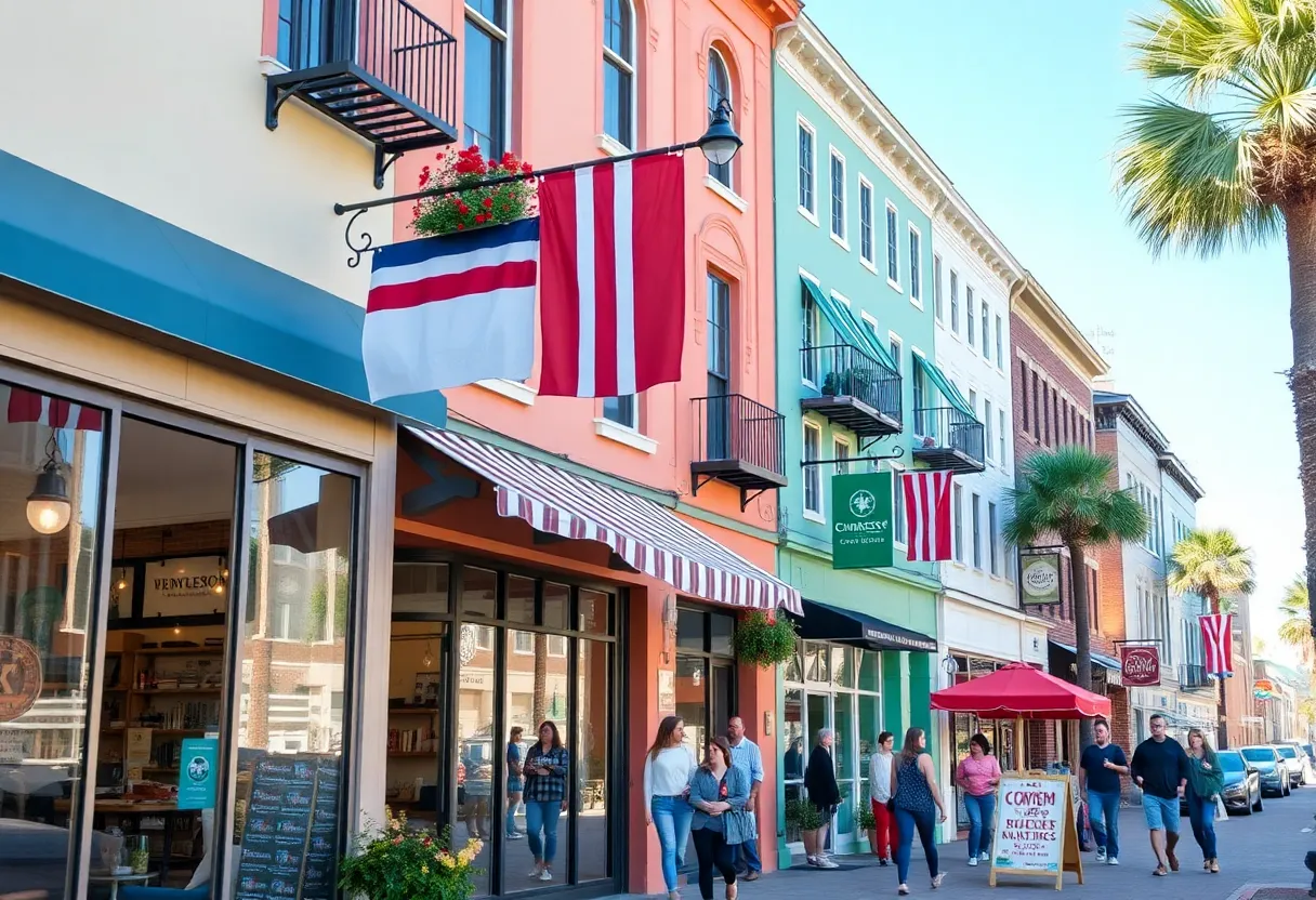 A busy street in Charleston filled with local businesses and customers.