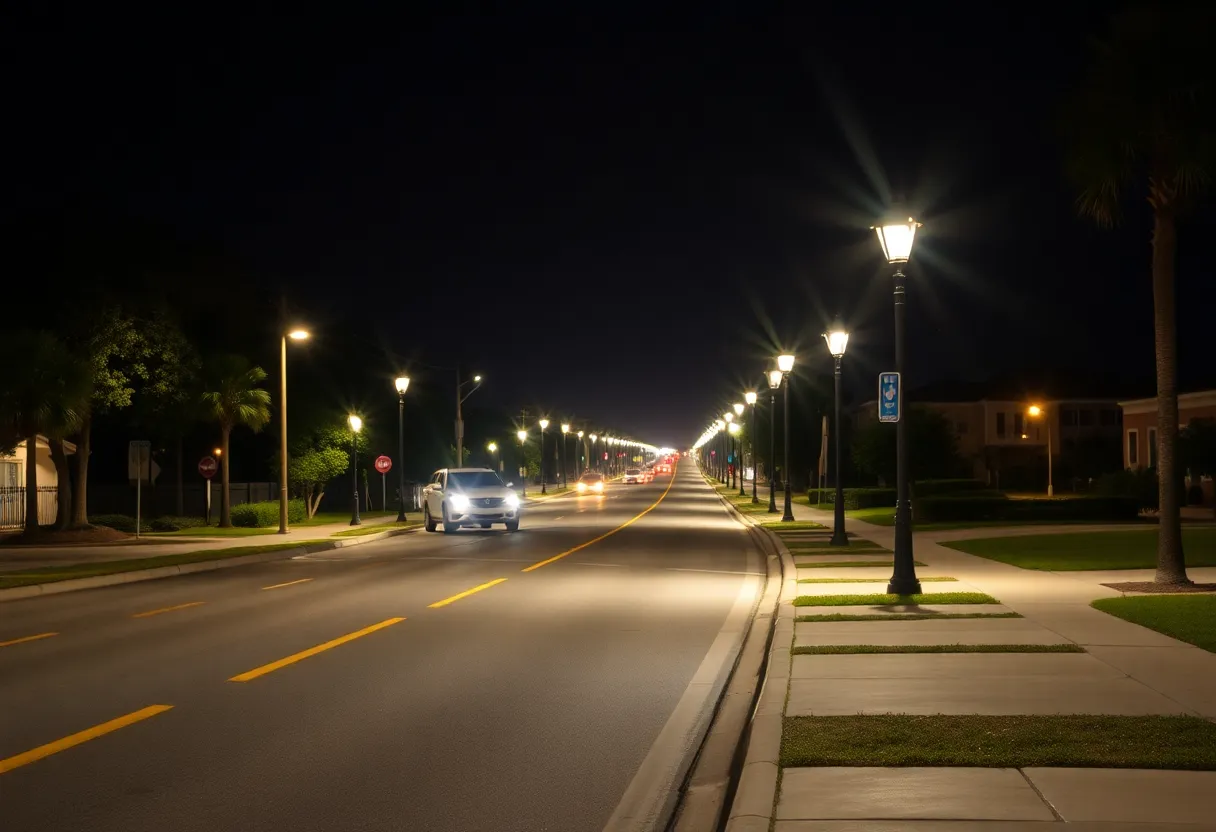 Well-maintained road with pedestrian safety features in Charleston