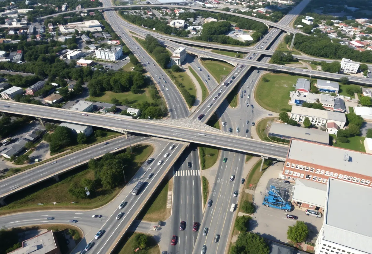 Aerial view of Charleston SC showing road infrastructure and traffic