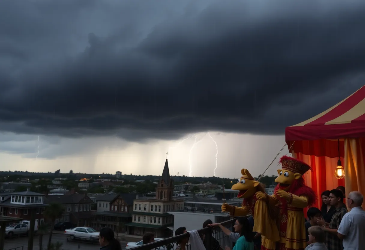 Storm clouds over Charleston with rain and lightning