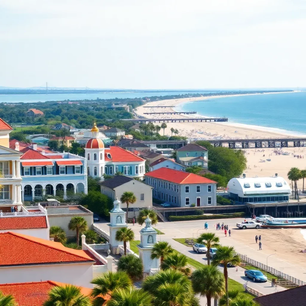 A panoramic view of Charleston highlighting its historic buildings and waterfront.