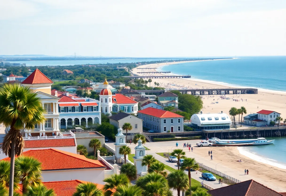 A panoramic view of Charleston highlighting its historic buildings and waterfront.
