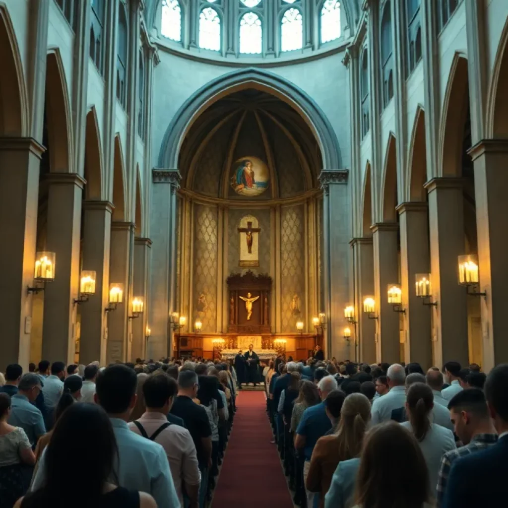 Congregants praying during a Mass supporting the Papal Conclave at Cathedral of St. John the Baptist.