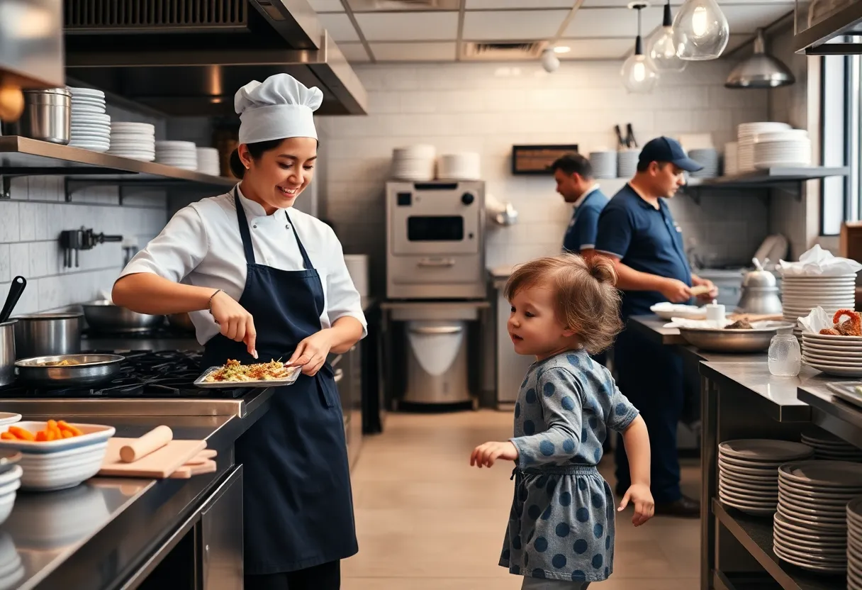 A mother chef balances cooking and caring for her child in a busy restaurant kitchen.
