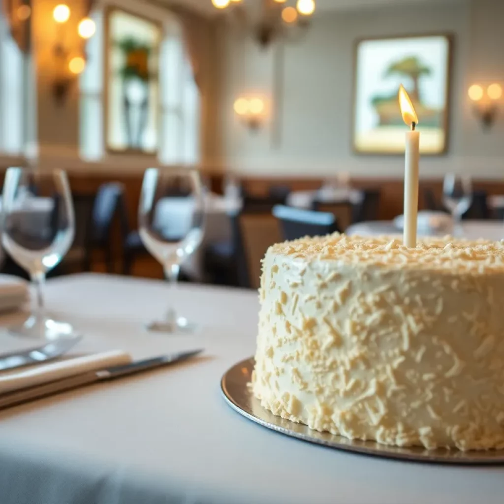 Elegant table setting in a Charleston restaurant with a coconut cake