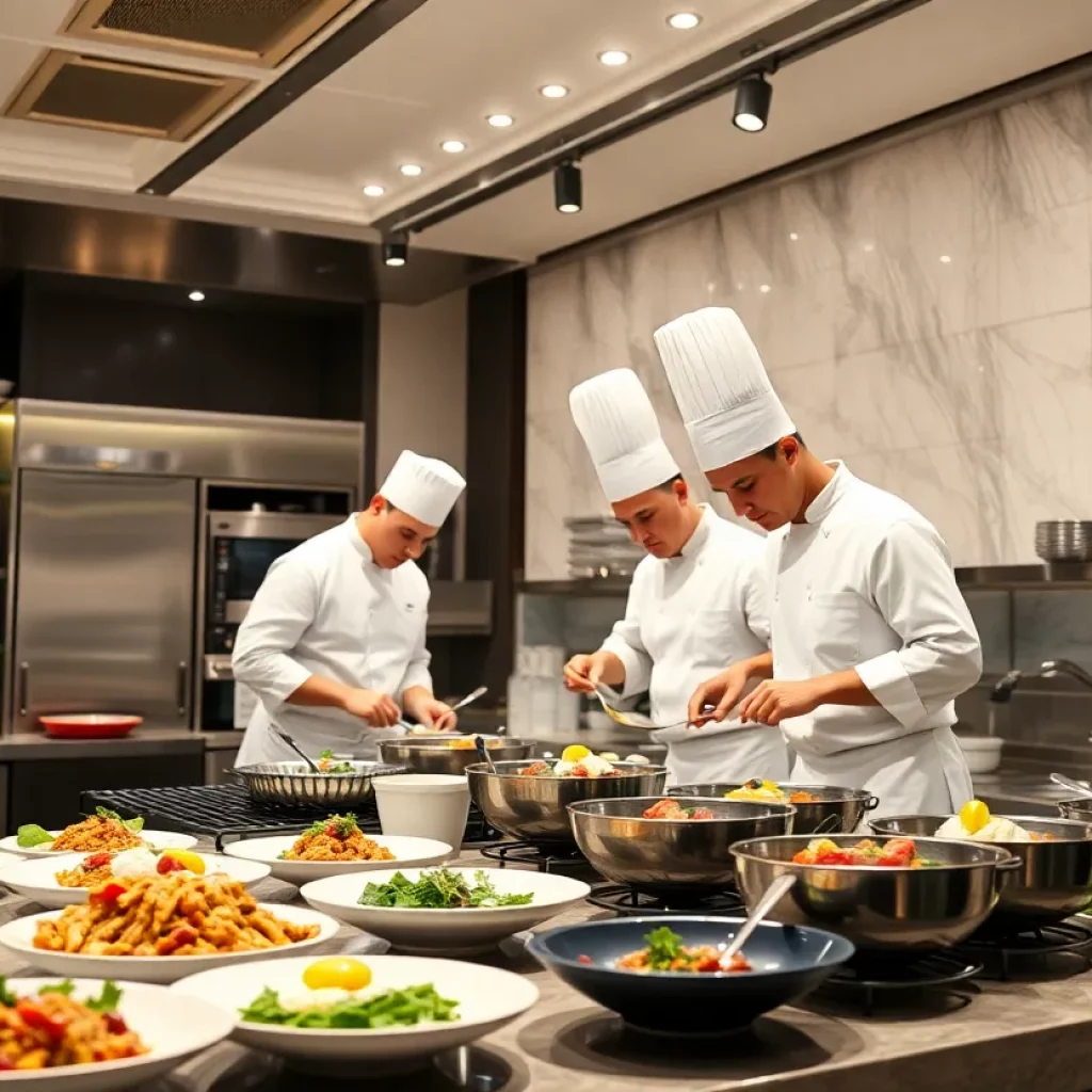 Kitchen scene in a cooking competition with chefs preparing various dishes