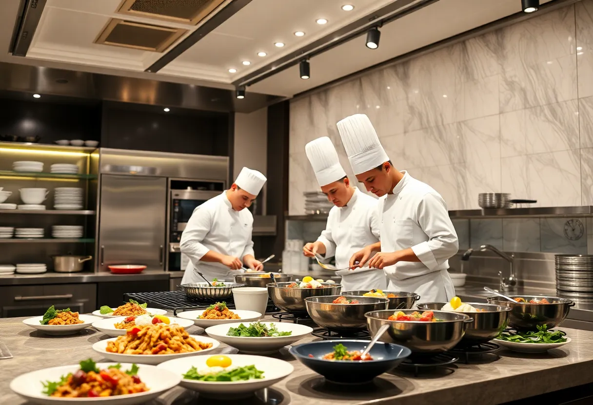 Kitchen scene in a cooking competition with chefs preparing various dishes