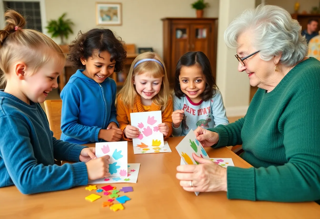 Children making uplifting cards for seniors