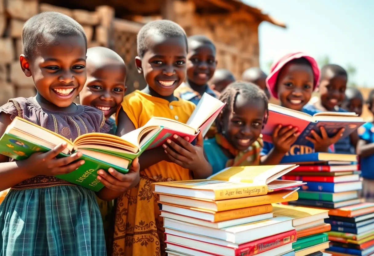 Children excited about receiving books in Africa
