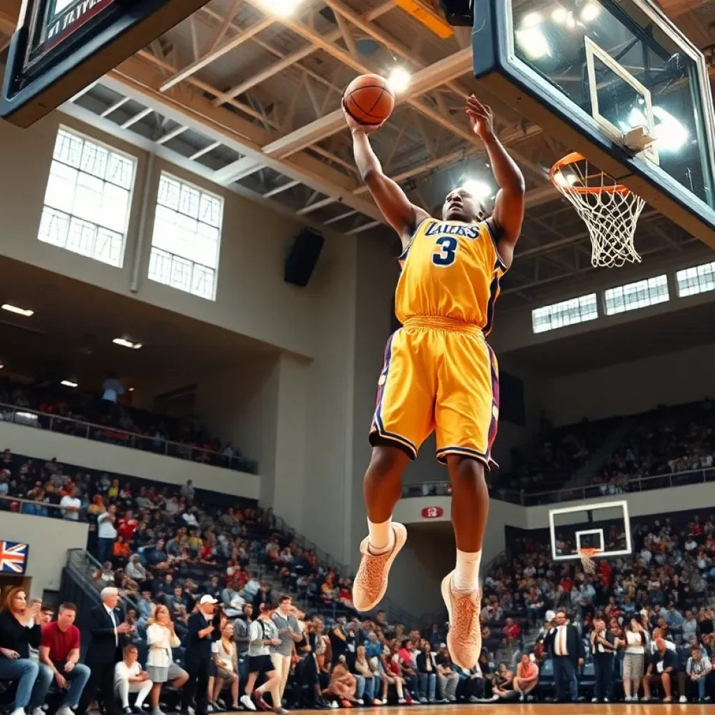 A tall basketball player dunking during a game