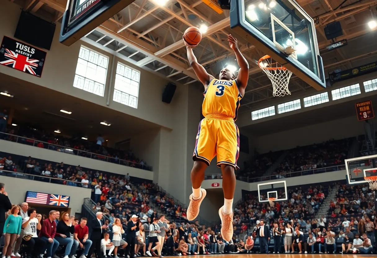 A tall basketball player dunking during a game