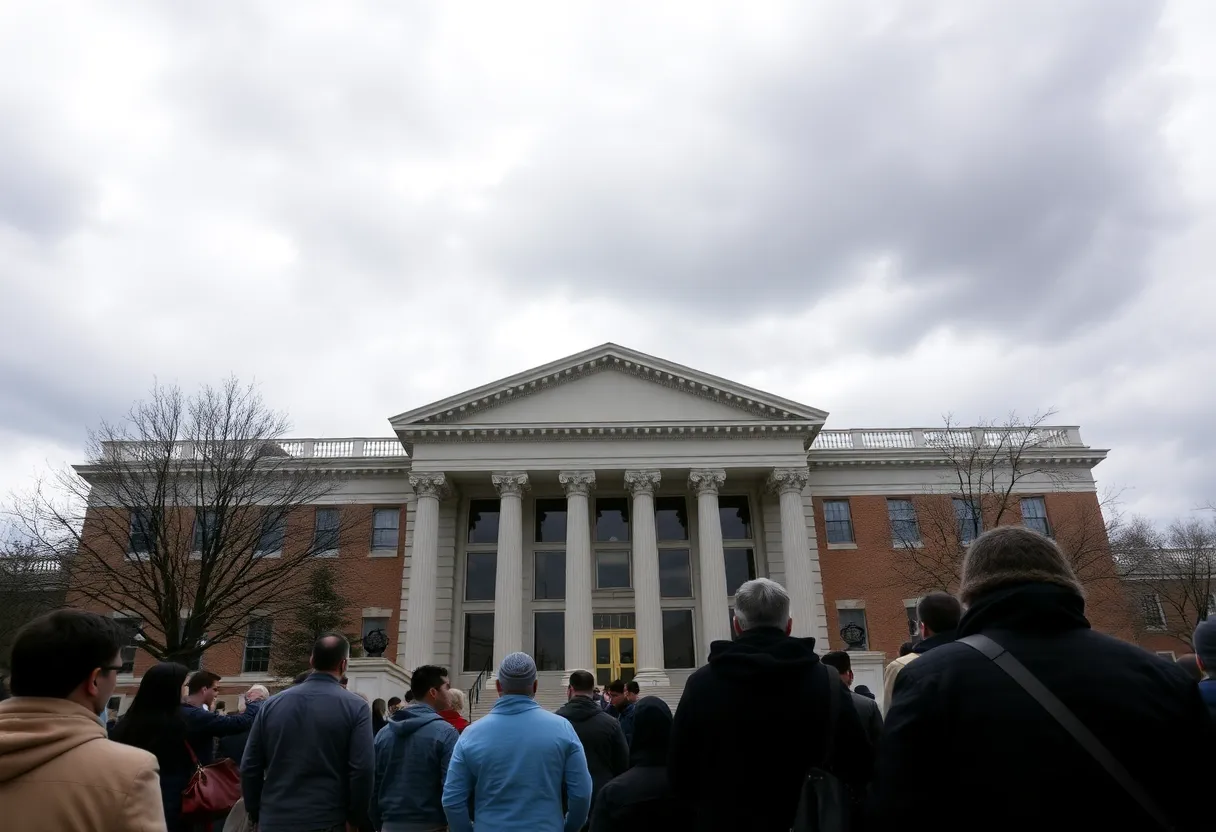 Cloudy sky above courthouse with people waiting outside