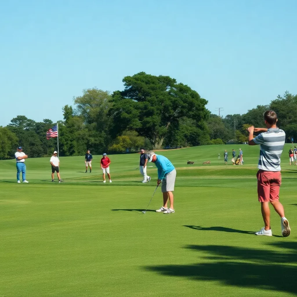 A college golf tournament in action with players on the course.