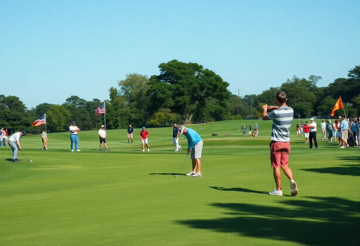 A college golf tournament in action with players on the course.
