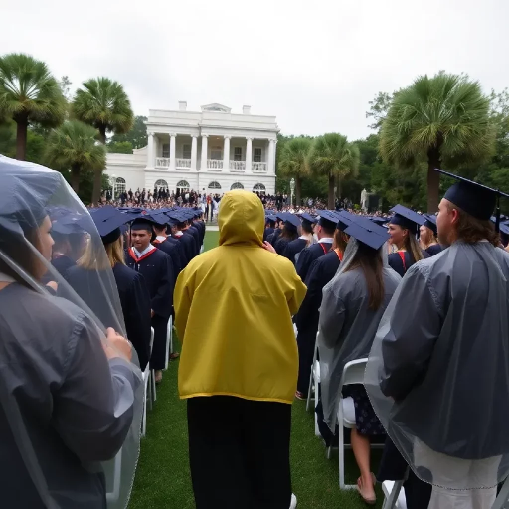 Graduation ceremony at College of Charleston with rain ponchos