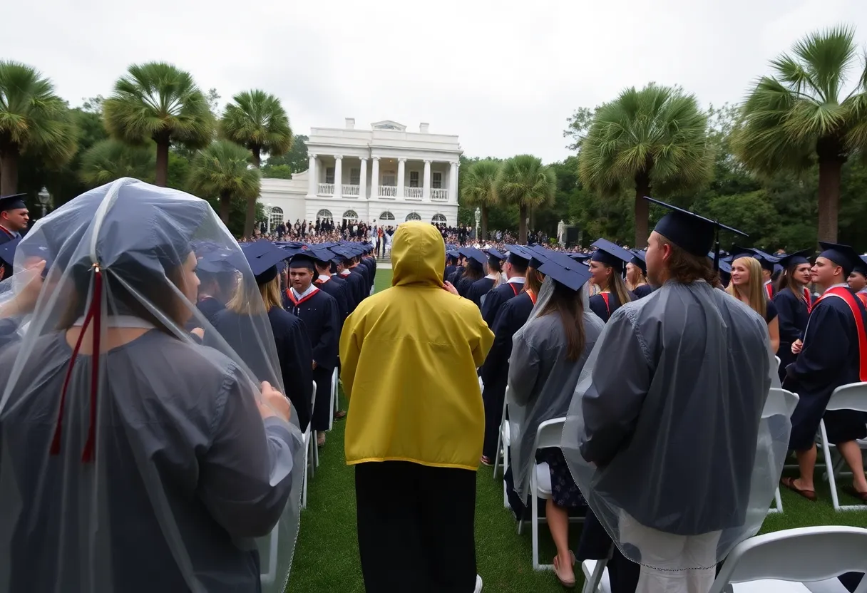 Graduation ceremony at College of Charleston with rain ponchos