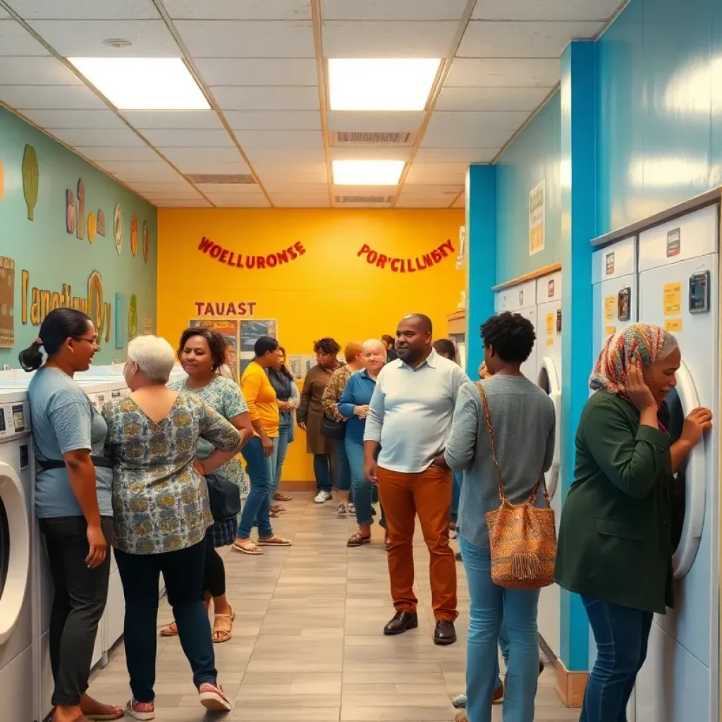 People enjoying free laundry day at a community laundromat