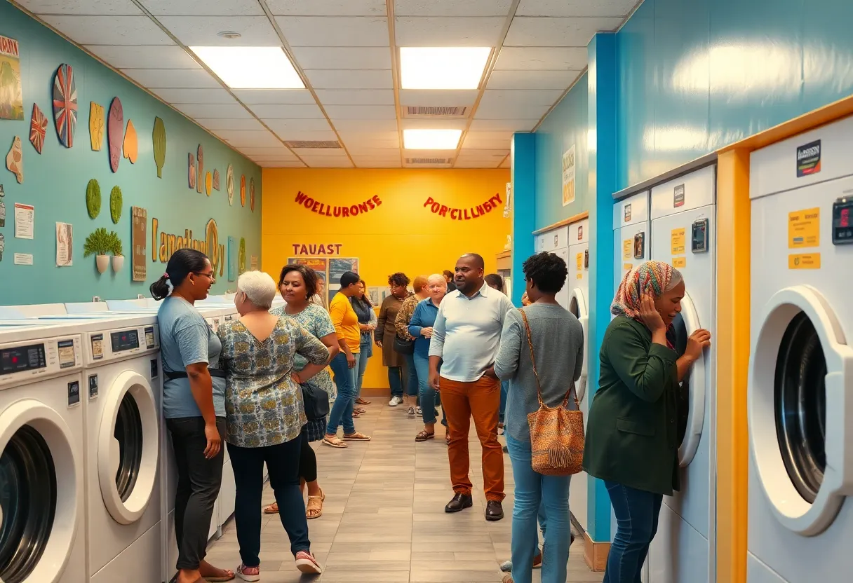 People enjoying free laundry day at a community laundromat