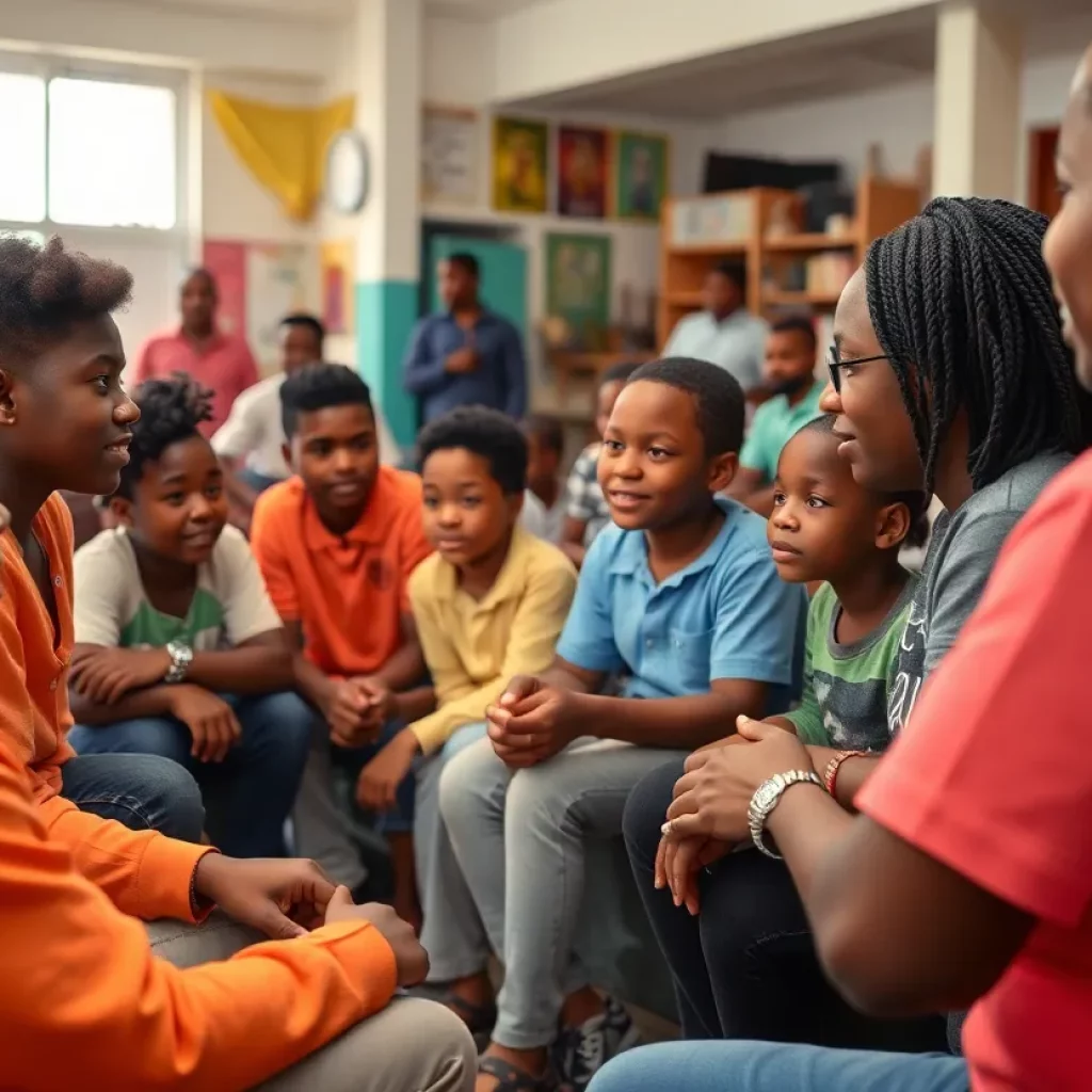 Youth and mentors interacting in a community center.