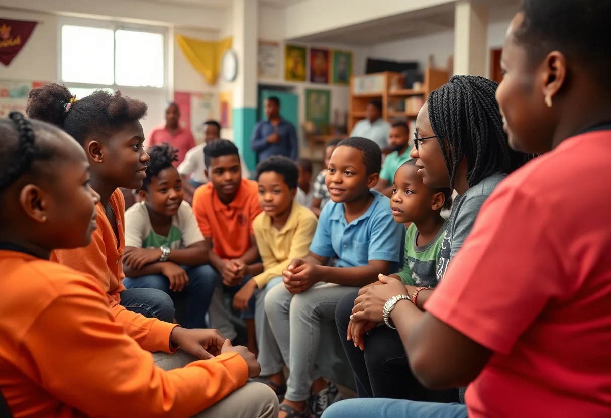 Youth and mentors interacting in a community center.