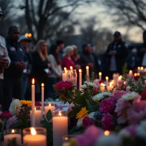 Community gathering with candles and flowers for justice.