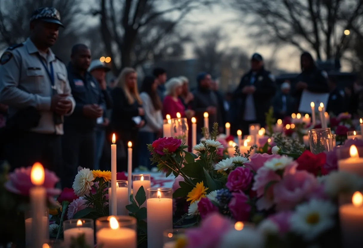 Community gathering with candles and flowers for justice.