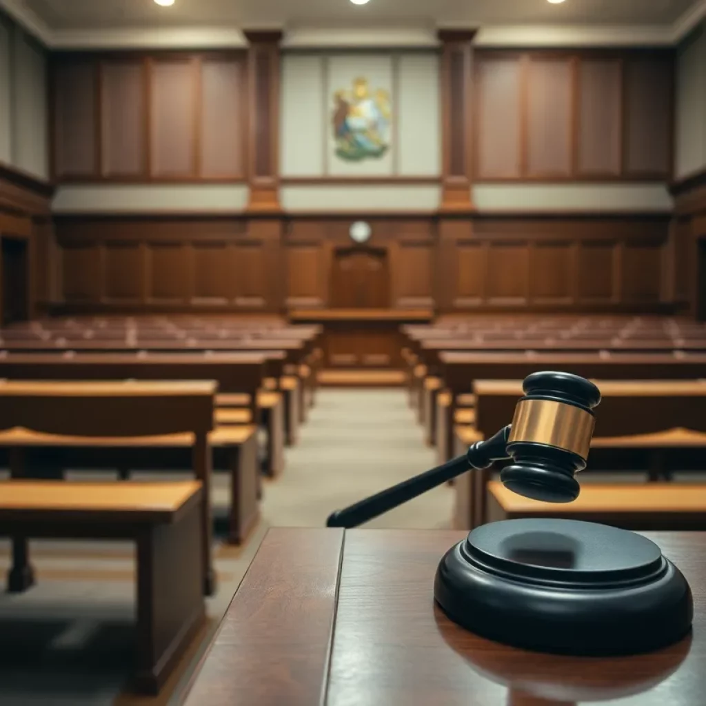 Interior view of a quiet courthouse with empty benches and a gavel on the judge's bench.