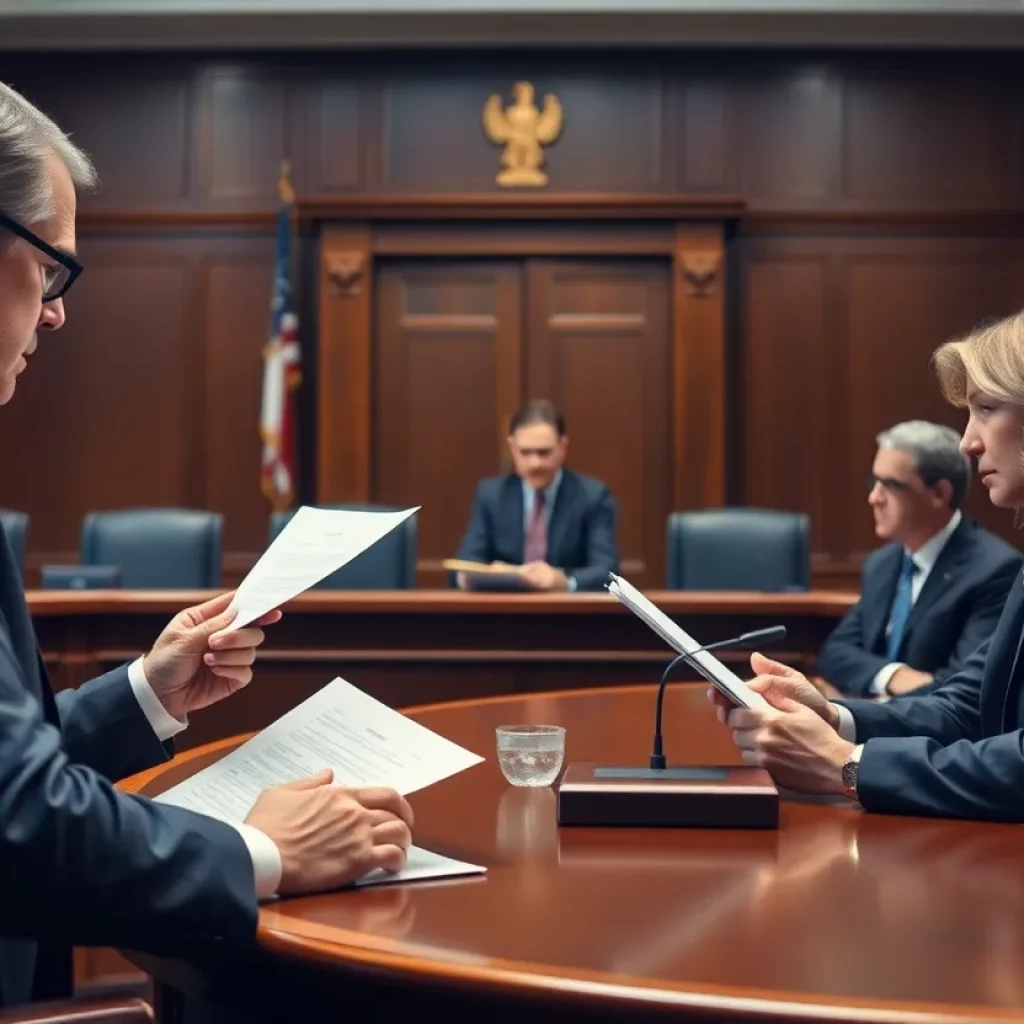 Lawyers discussing legal reforms in a courtroom
