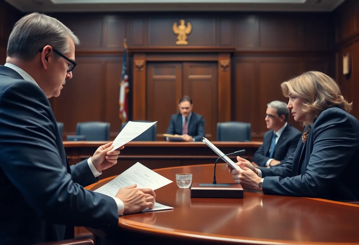 Lawyers discussing legal reforms in a courtroom