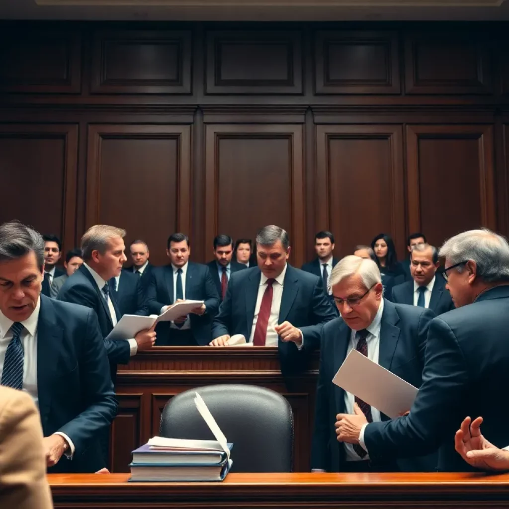 A tense courtroom scene depicting a legal showdown amid a major case