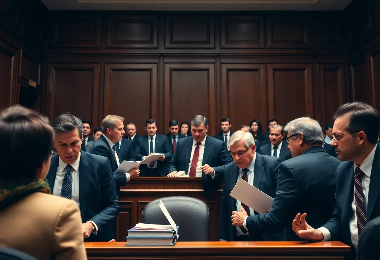 A tense courtroom scene depicting a legal showdown amid a major case