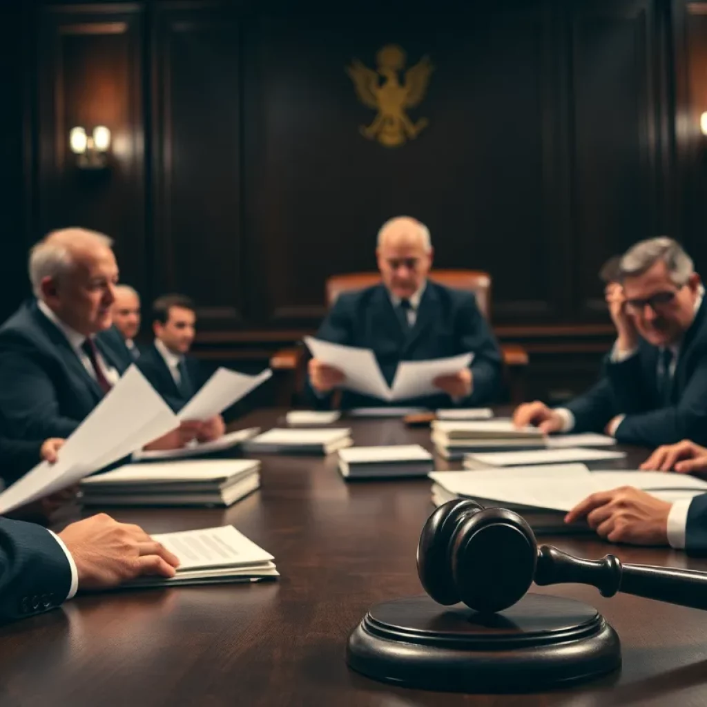 A tense courtroom scene illustrating a legal feud.