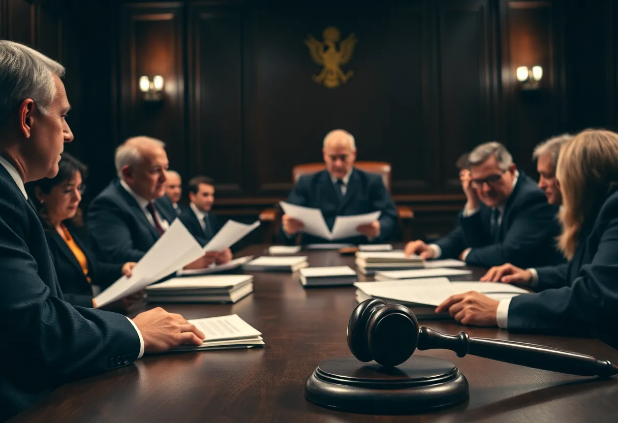A tense courtroom scene illustrating a legal feud.