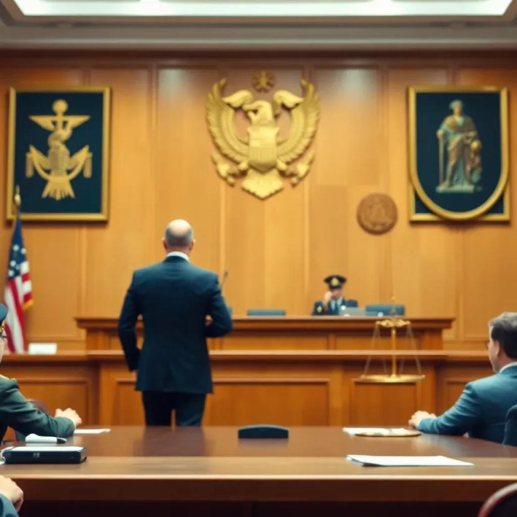 Courtroom scene illustrating ethical dilemmas in military law.