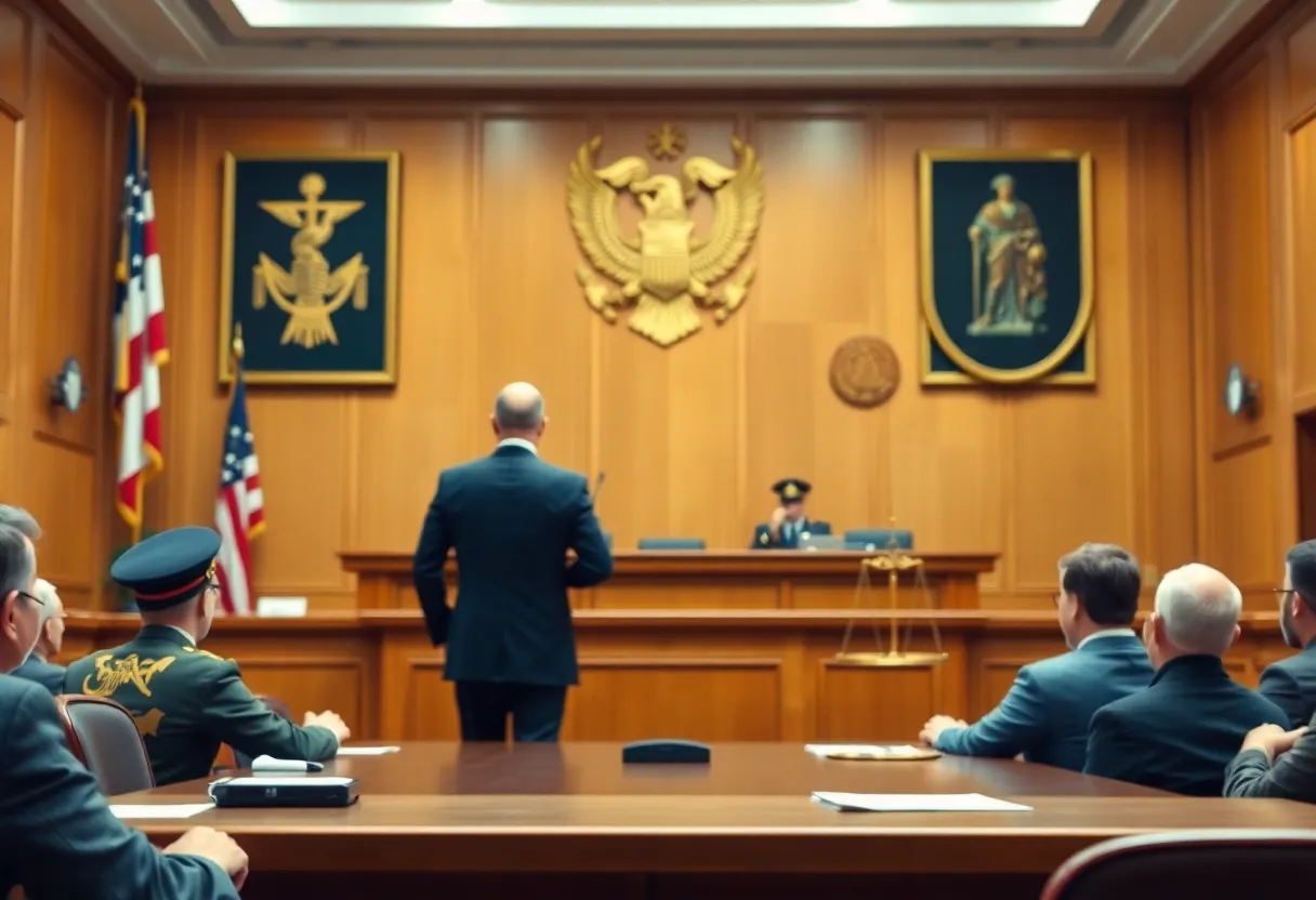 Courtroom scene illustrating ethical dilemmas in military law.