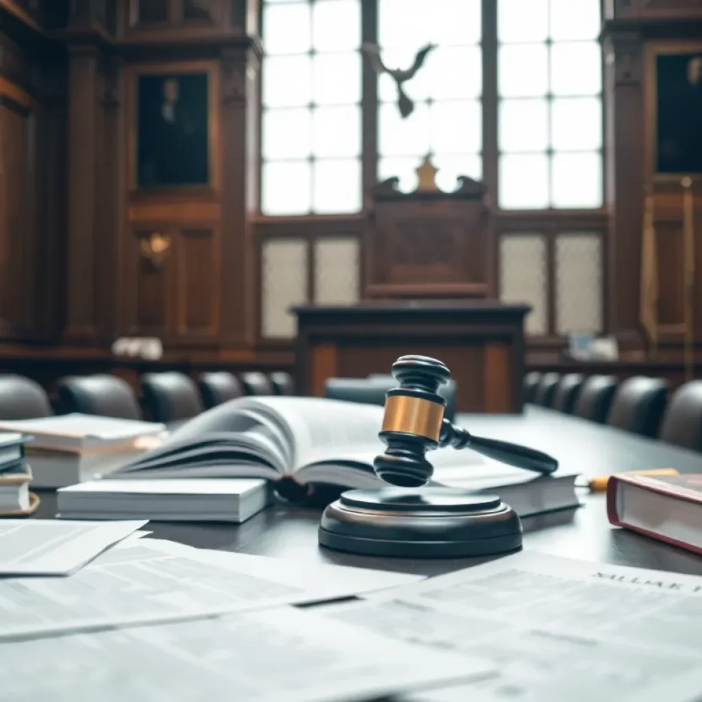Interior of a courtroom with legal books